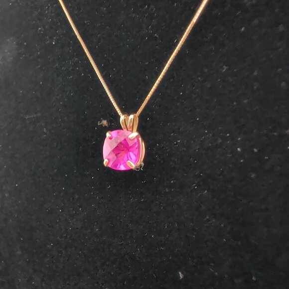 14K Gold Box Chain Necklace With Lab-Created Cushion-Cut Pink Sapphire Pendant - Picture 1 of 13